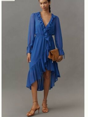 Anthropologie Blue Ruffle Asymmetrical Dress
